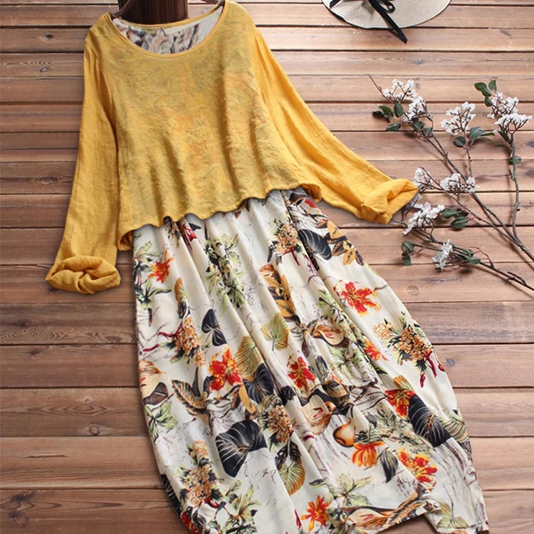 Hot Sale Floral Print Dress Green Linen Blend Top & White Floral Linen Blend Midi Long Floral Dress