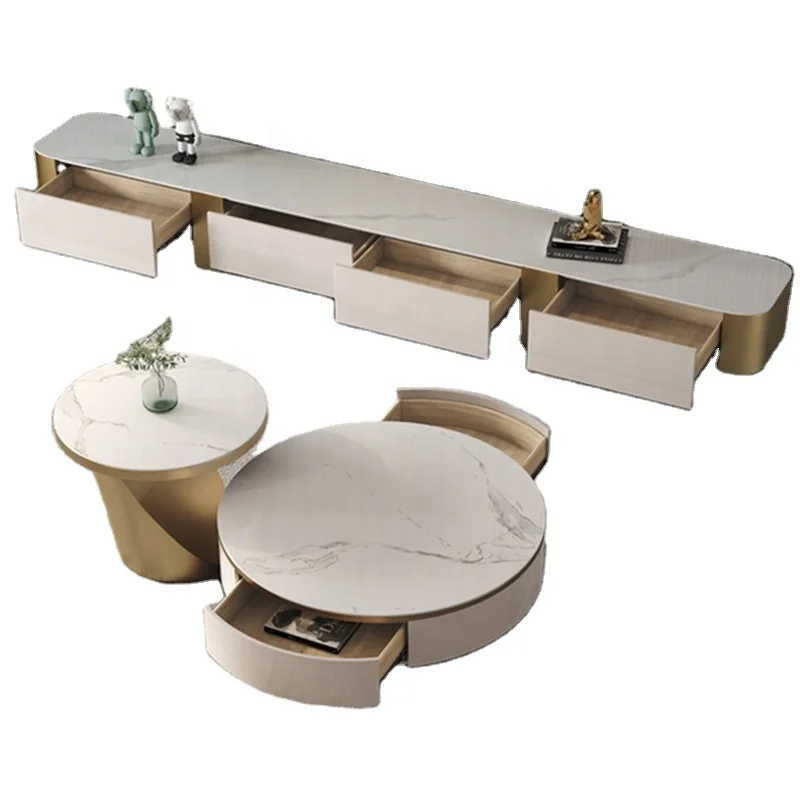 Luxury gold or black  stainless steel Tv  cabinet with coffee table set modern  for living room furniture