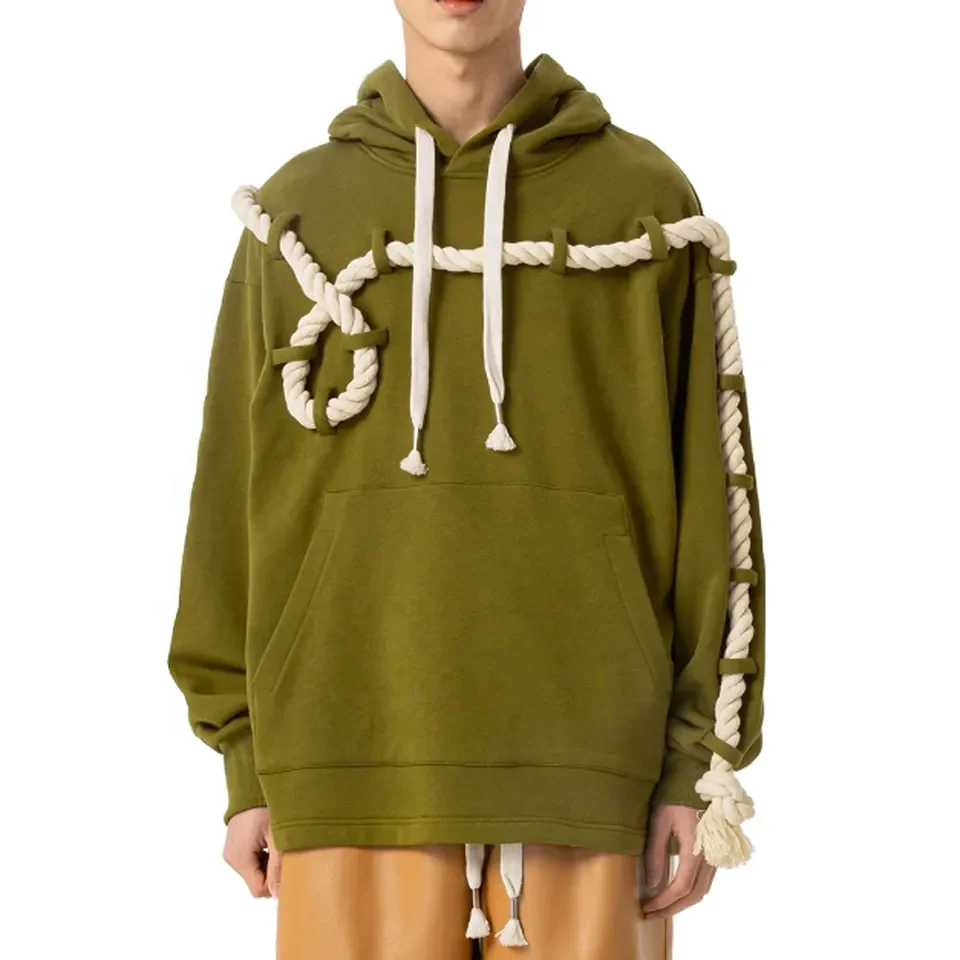 factory detachable coarse hemp rope knitted hoodie thick removable drawstring pullover oversized hoodie for men