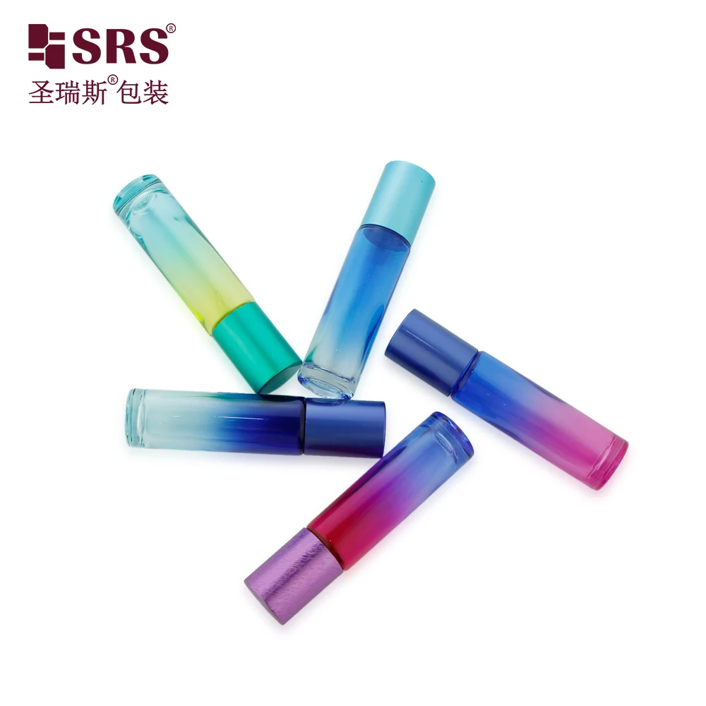 BLPM-10ML Empty Refillable Gradient Sky Blue Colored Glass Vial Roller Bottle with Steel Roller Bead Same Color Cap Set for Oil