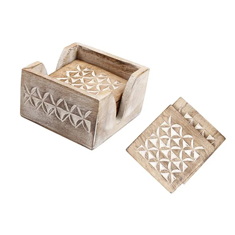 Custom hand made mango wood carefully designed set of 4 wood coasters holder