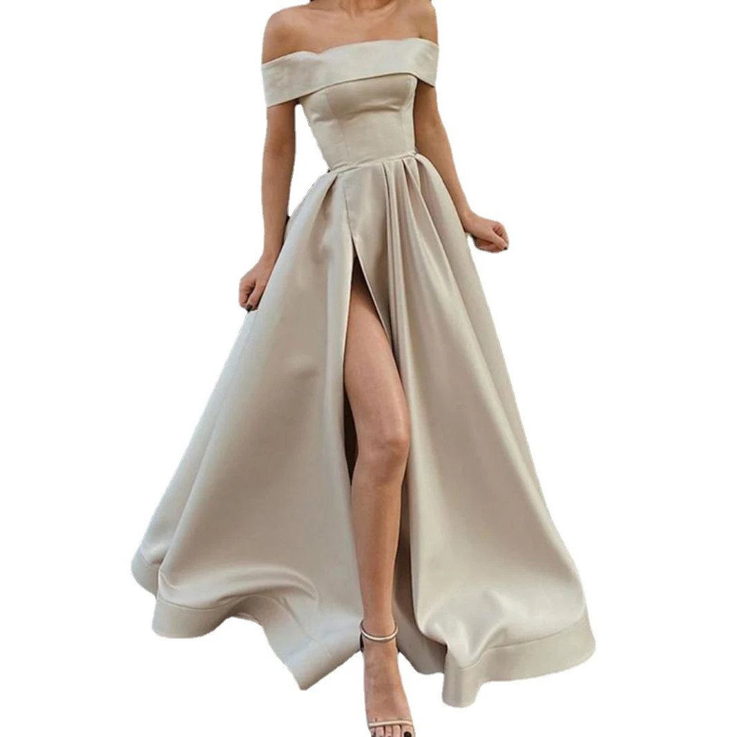 New Fashion Design Off The Shoulder Satin Long Prom Dresses With Leg Slit V-neck Backless Evening Gowns