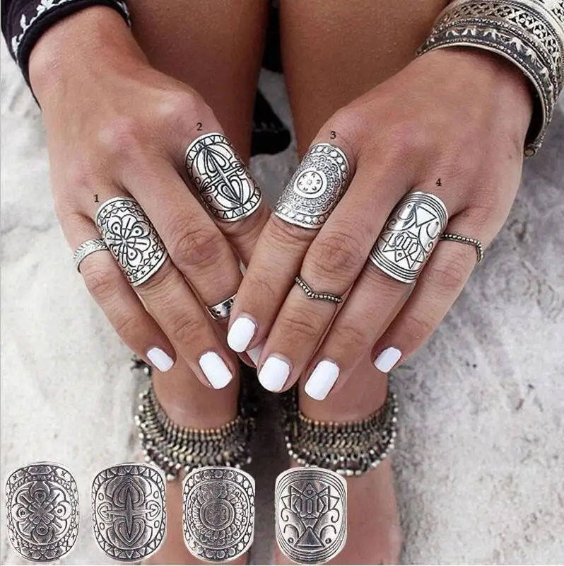 4 Pcs/Set Vintage Antique Tibetan Silver Gypsy Ring Sets Wholesales Geometric Carved Pattern Rings Women Jewelry 2021