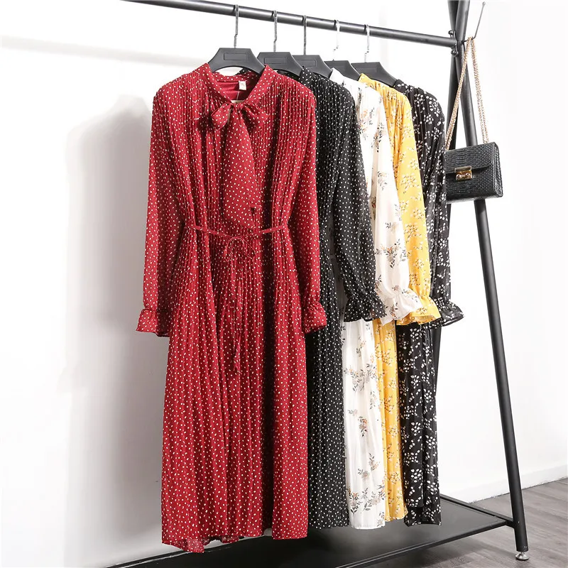 Korea elegant high quality long sleeves floral printed chiffon women dresses OC78