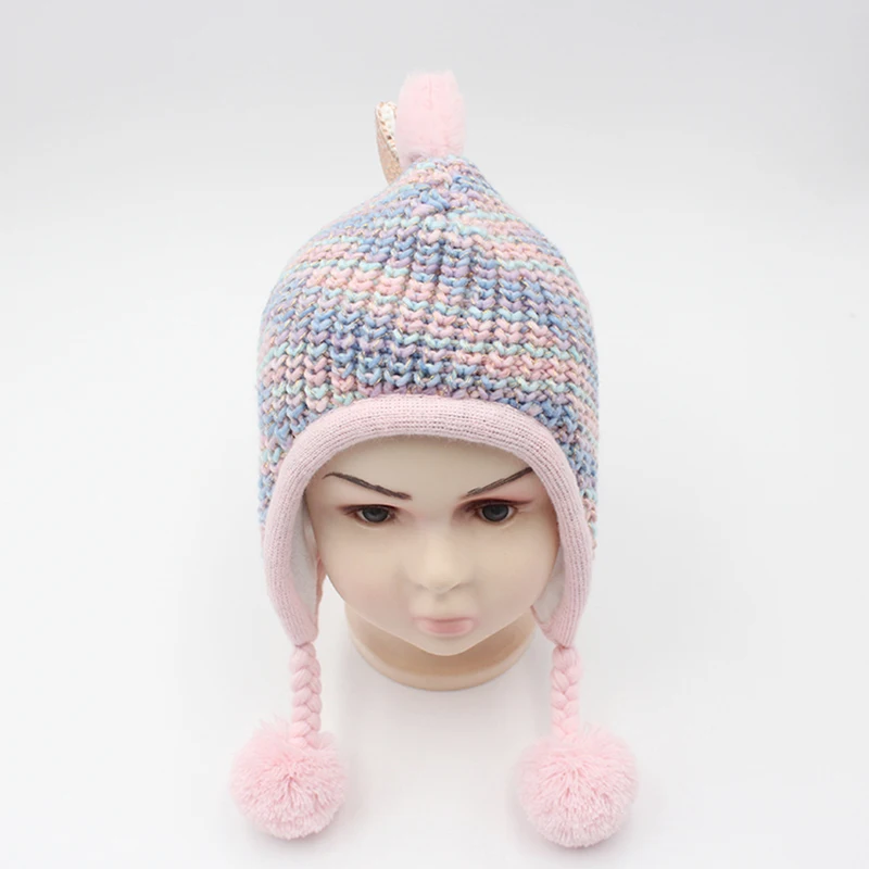 Winter Cute Double Layer Baby Dinosaur Knitted Winter Wool Earflap Hat Girls Ear Muff Hat Wool Beanie For Kids