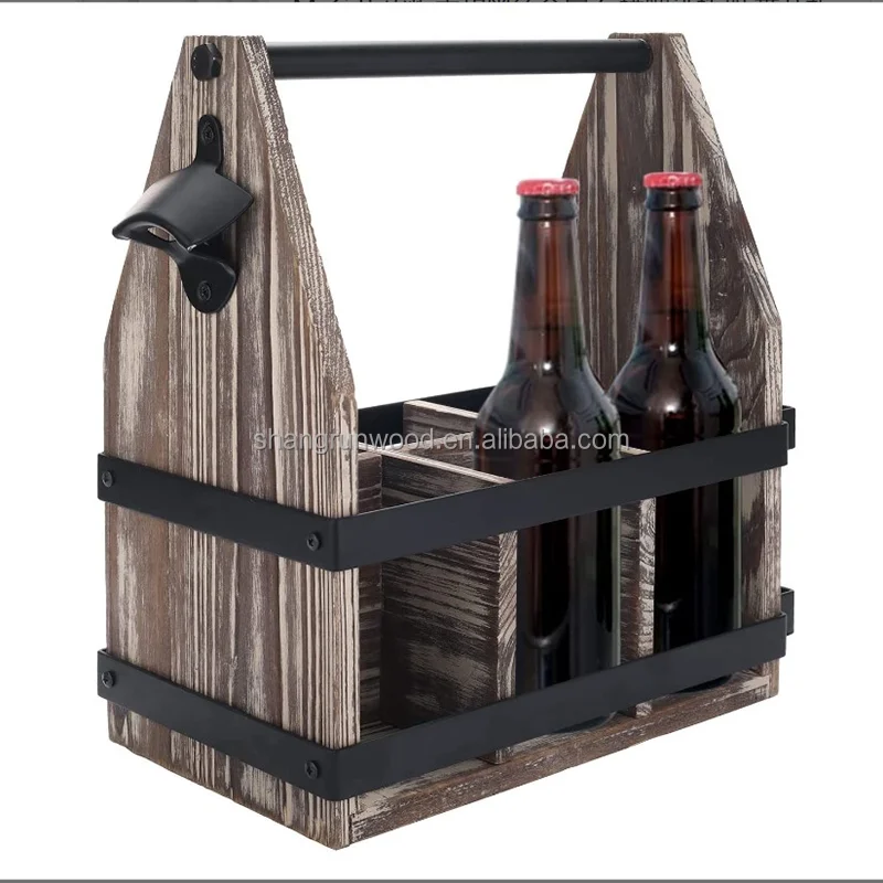 Manufacturer Wholesale Handmade Crafts Wooden 6 Pack Carrier Customized Beer Caddy Torched Wood Beer Crate