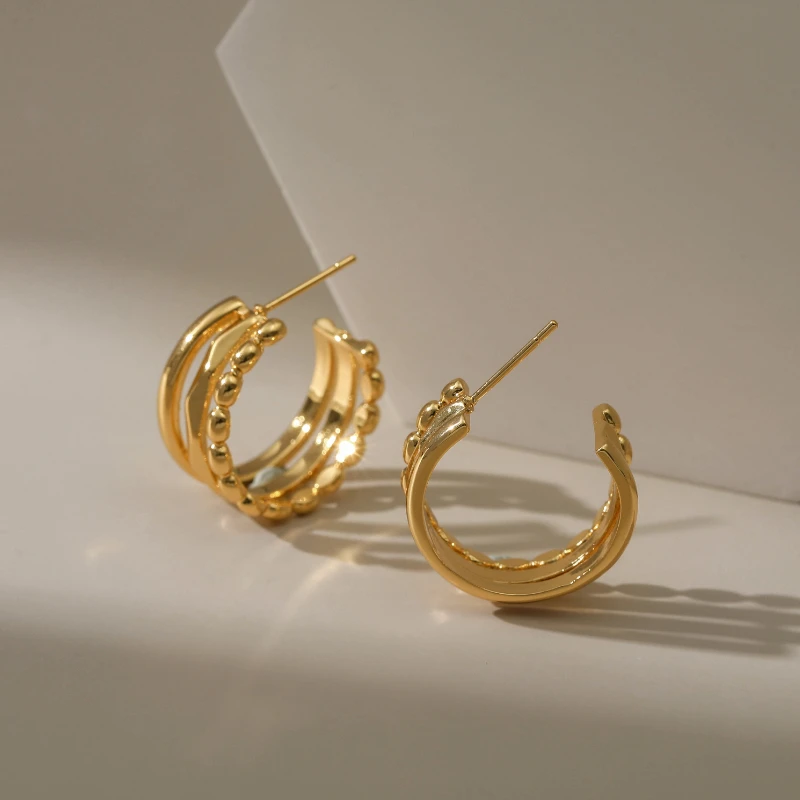 Hot Selling Women Jewelry Type C Shape Beads Ear Stud Open Hoops 18K Gold Delicate Earrings Suitable for Everyday Wear