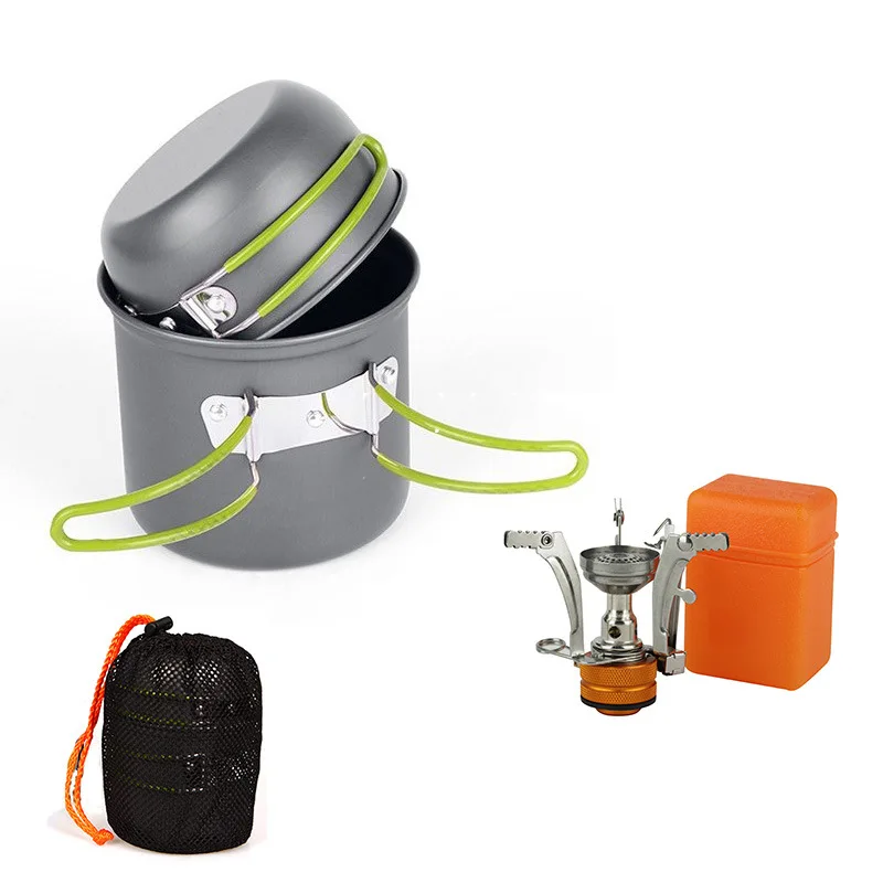 Outdoor Survival Camping Cooking Pot Set With Pocket Mini Gas Stove and Storage Bag Color Box Packaging