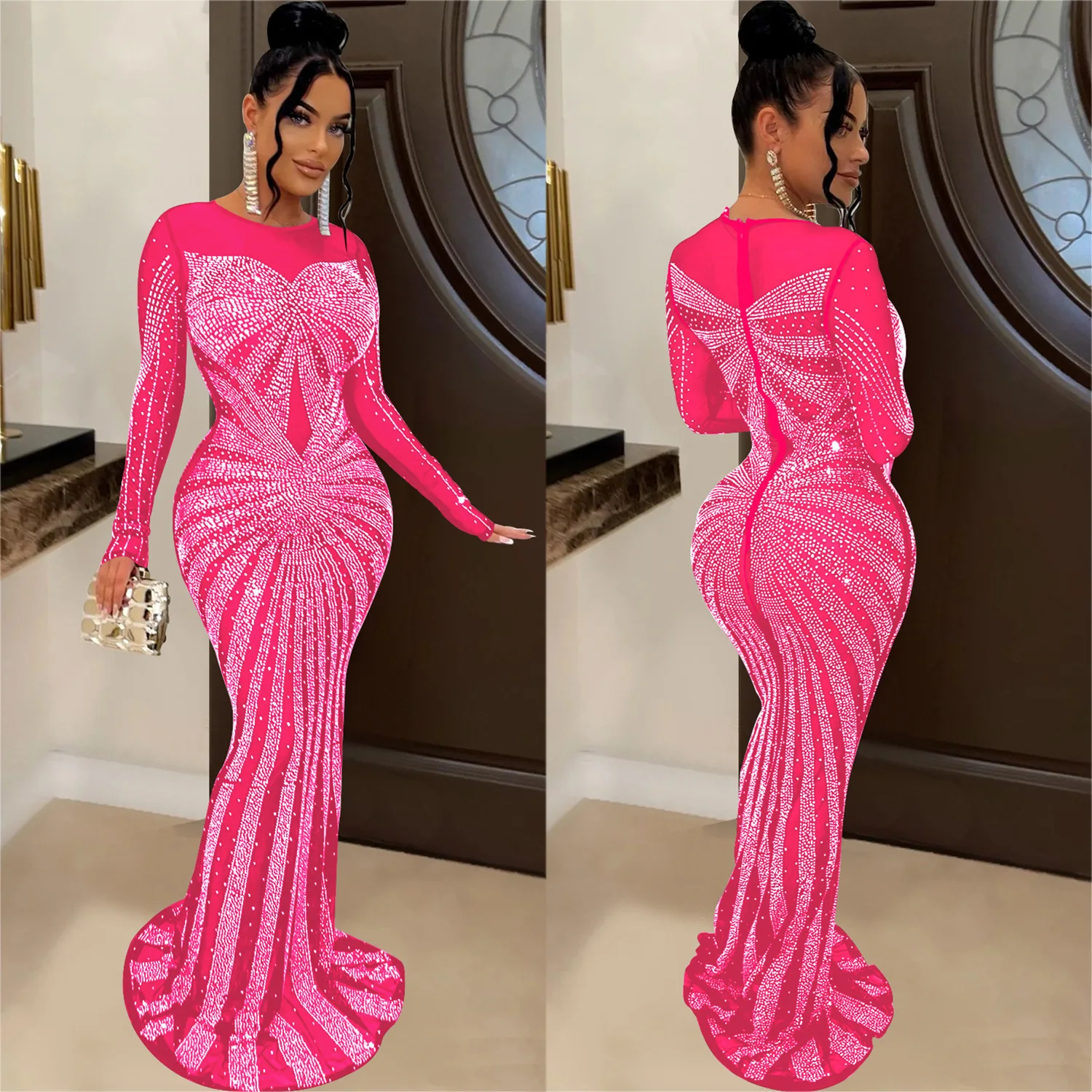 IHOOV Sheer Mesh crystal luxury maxi wedding rhinestone bridesmaid dresses women lady elegant