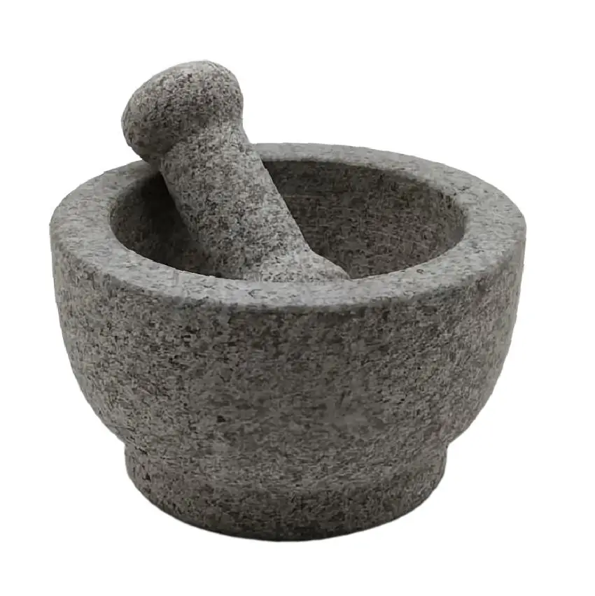 High Quality 6.5 Inch Large Granite Molcajete Natural Rough Grinding Mortar and Pestle Set with Bamboo for Home Kitchen Use