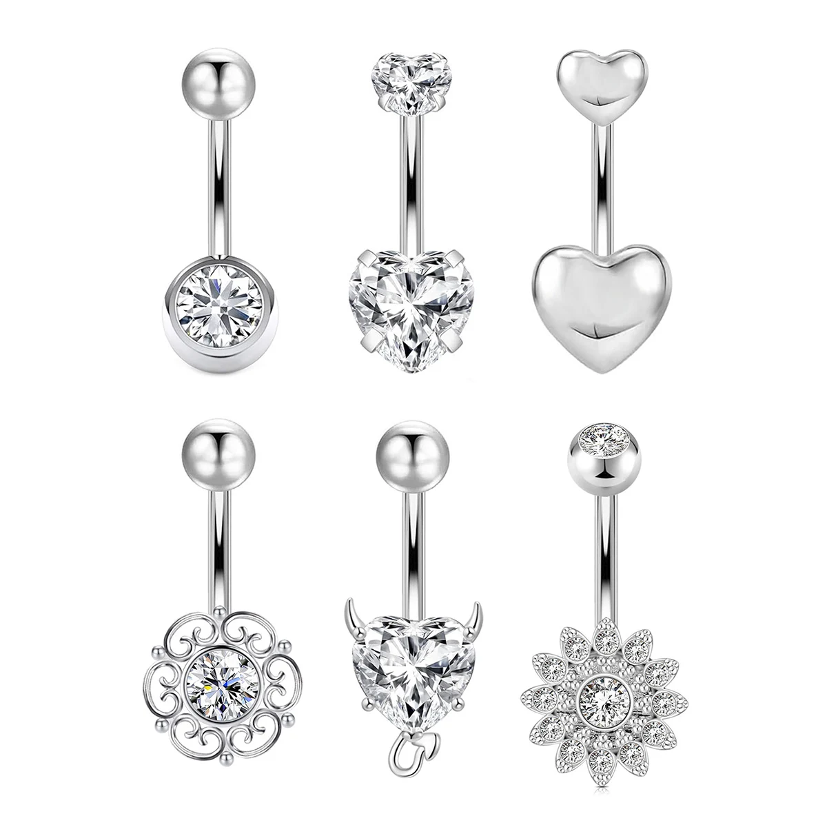 6pcs Classic Stainless Steel Hypoallergenic Belly Button Ring Set With Sparkling White Cubic Zircon Oxide Suitable For Women