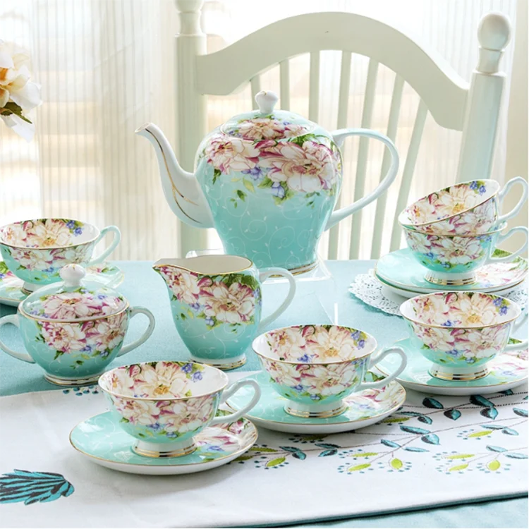 15PCS Elegance Flower Decal Tangshan Porcelain Fine Bone China Tea And Coffee Set Manufacture For Wholesale