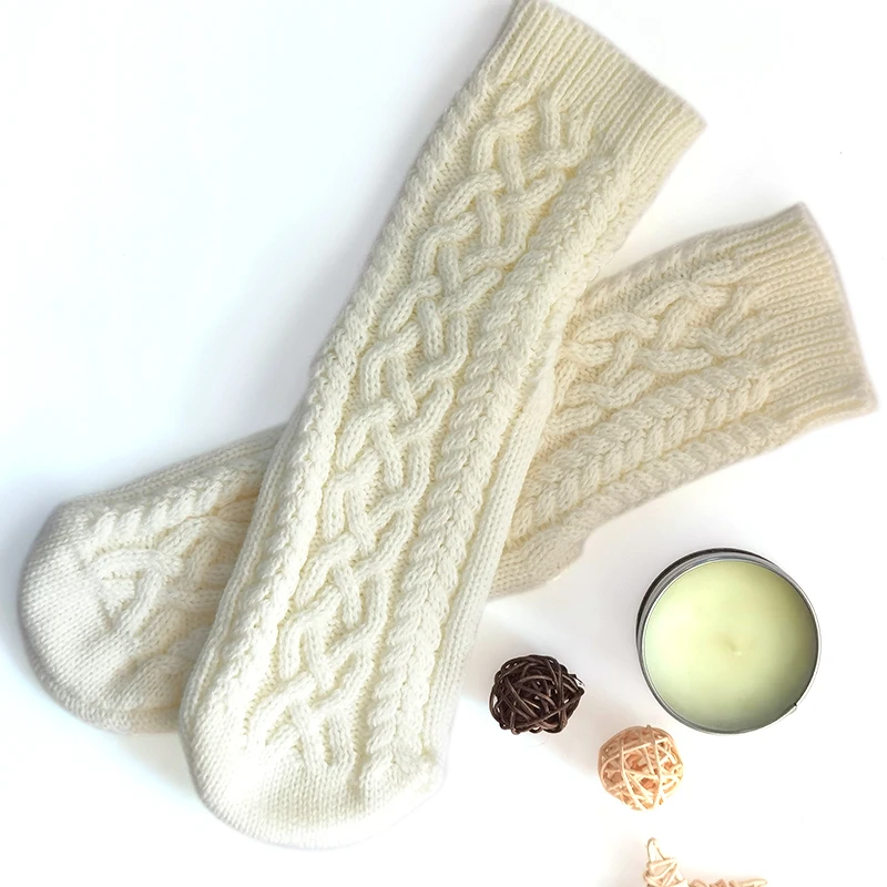 Long slipper socks with rubber sole for adults indoor household solid white knitted non-slip warmer floor socks