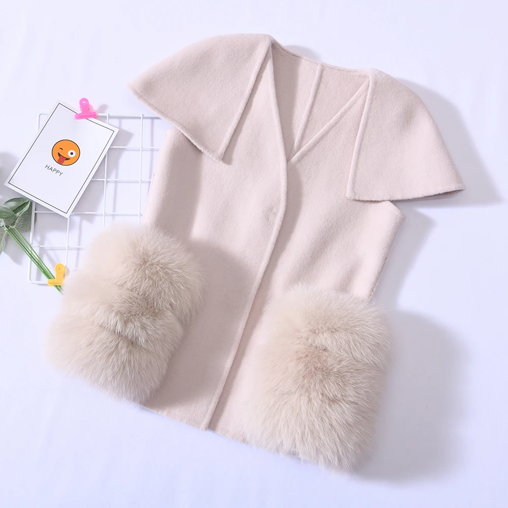 Wholesale High Quality Girls Handmade Double Layers Cashmere Wool Coat Custom OEM Service Kids Formal Winter Coats With Fur