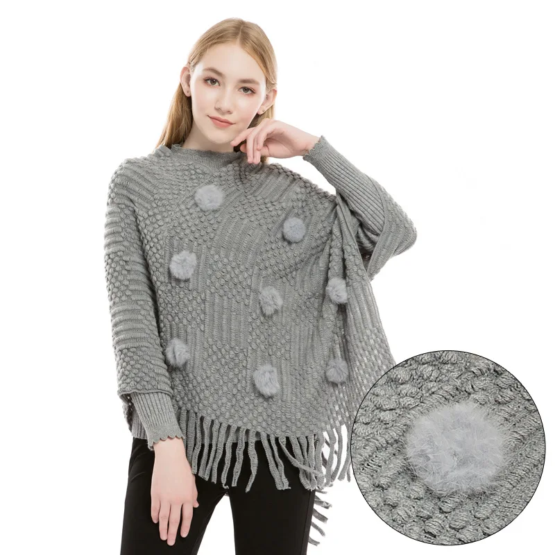 
Yiwu newest autumn tricot pullover v-neck with Rabbit hair ball wholesale tassell winter keep warm knitted shawl 