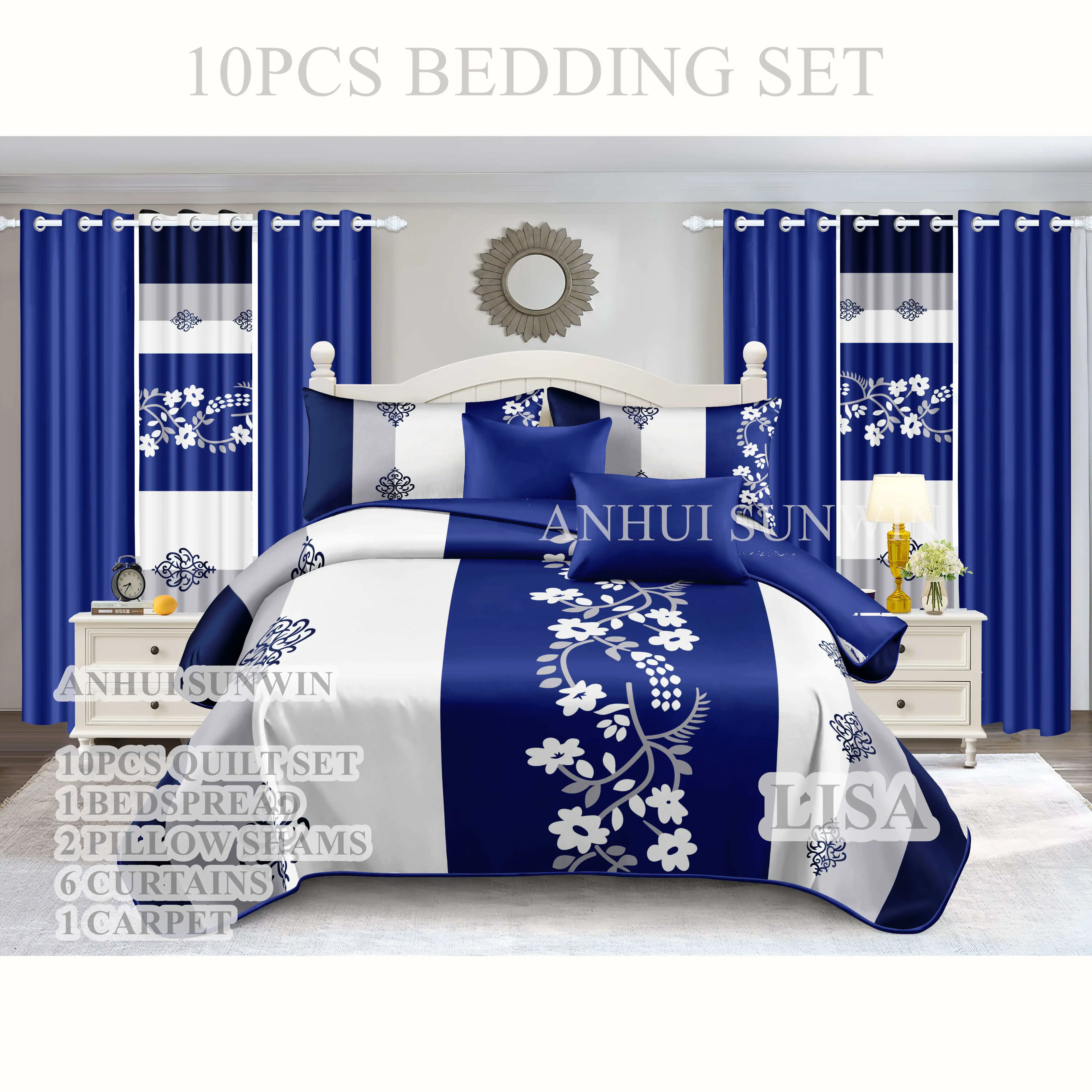 American Style King 6PCS Bedspread Set Polyester Wedding Red Flower Printed 10PCS Curtain Bedding Set