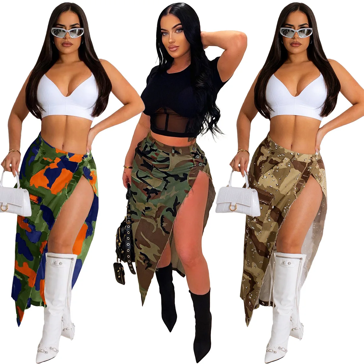 Cotton Camouflage Women Dress & Skirts 2023 Spring Casual Split Skirt For Women Bodycon Skirt with Pockets