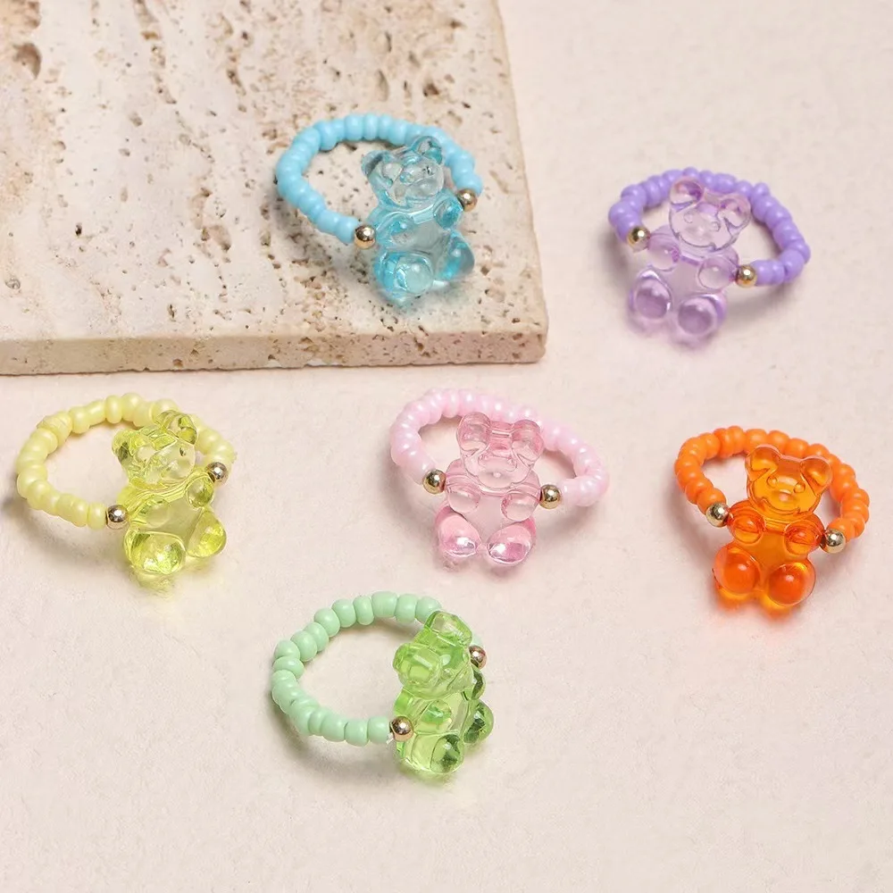 6pcs set wholesale bear ring adjustable size beaded candy jelly color transparent clear animal shape girl women ring