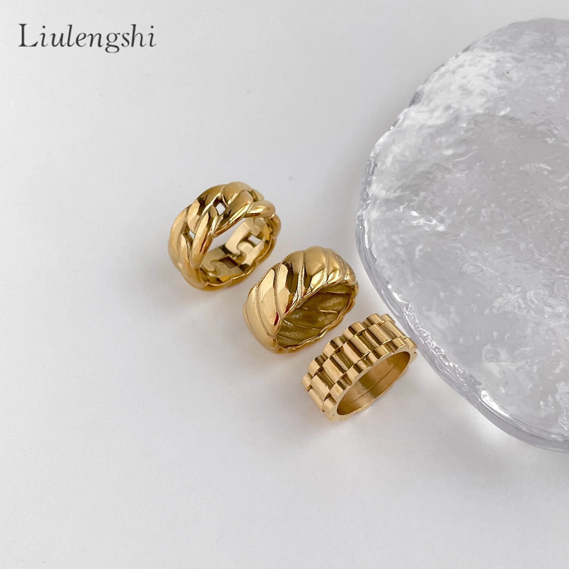 New Fashion Watchband Watch Band Stripe Chunky Gold Rings Twisted Wide Bold Cuban Link Chunky Chain Rings Stainless Steel