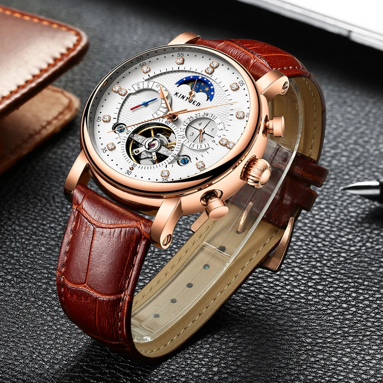 KINYUED Brand J025 White Dial Genuine Leather Watches Skeleton Moon Phase Waterproof Mechanical Men Wristwatches