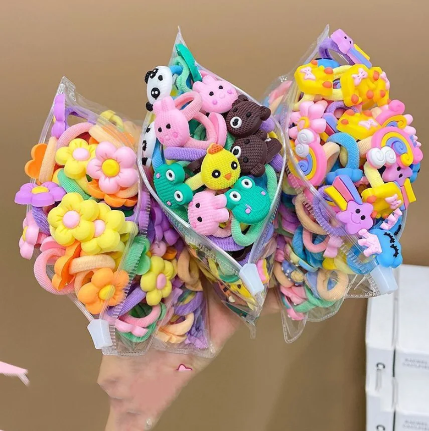 Wholesale 20Pcs/Bag Children Candy Color Elastic Rubber Bands Girls Colorful Small Fruit Towel Hair Ties Kids Flower Hair Rope