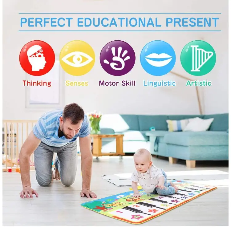 KSF 135x58cm Musical Piano Mat Keyboard Play Mat Portable Musical Blanket Instrument Toy with 8 Animal Sounds Dance Mat