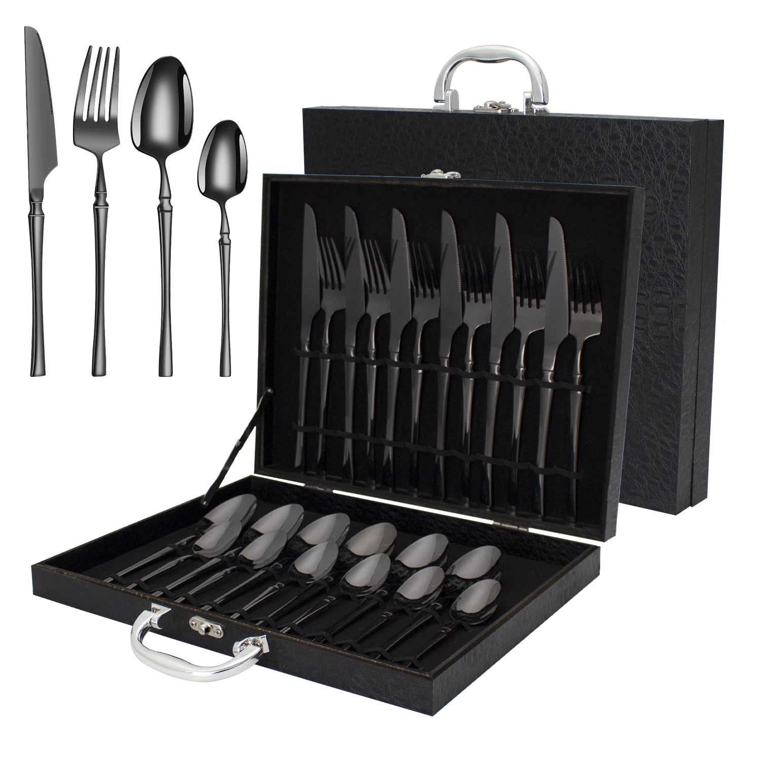 Wholesale small waist design gold flatware set thin handle 24pcs stainless steel cutlery set with black wooden box