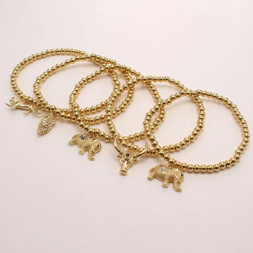 Cubic Zircon Leopard/Elephant/Bull/Lion Animal Charms Bracelet Brass Jewelry Round Beaded Bangle 18K Gold Plated Women Bracelet