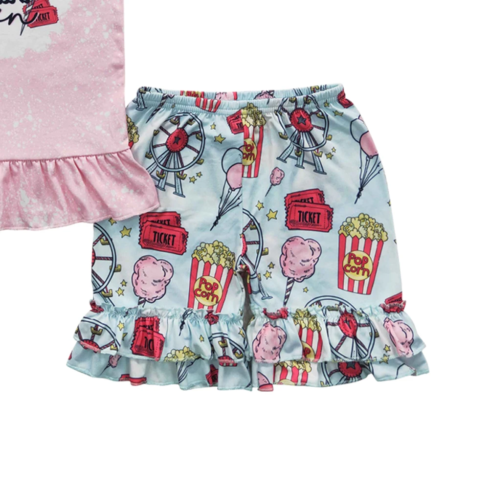 GSSO0260 toddler girls outfit sets County fair popcorn balloon cotton candy bleached pink short sleeved printed blue lace shorts