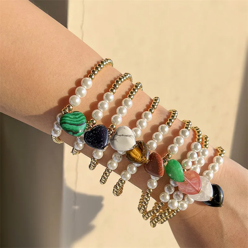 Creative Designer 4mm Small Gold Copper Bead Pearl Gem Stone Crystal Heart Bracelet for Women Girls Jewelry Gift