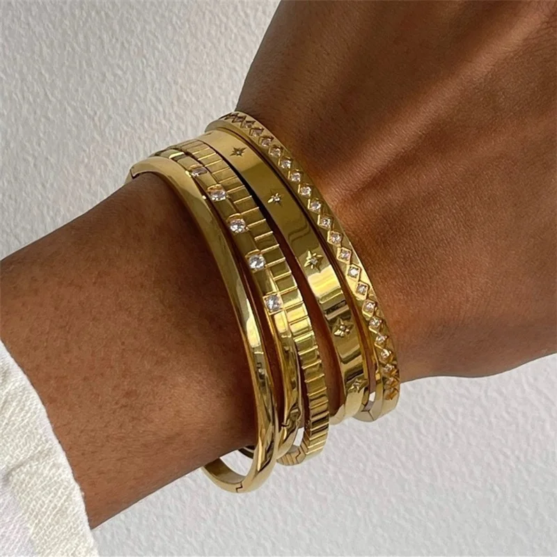 18k Gold Plated Star Zircon Stainless Steel Bracelets For Women Jewelry Vintage Anti Tarnish Open Colorful CZ Bracelet Bangle