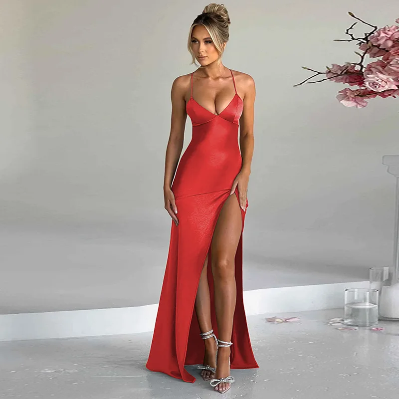 Elegant V Neck Open Back Split Club Long Dresses Party Backless Satin Birthday Bodysuit Sexy Prom Clubwear Strapless Maxi Dress