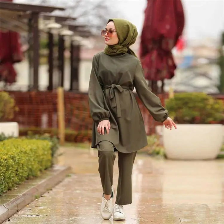 Women Spring indonesia Muslim clothing Casual belted ethnic Top Long Robe with Pant Two Piece Elegant Outfit Set