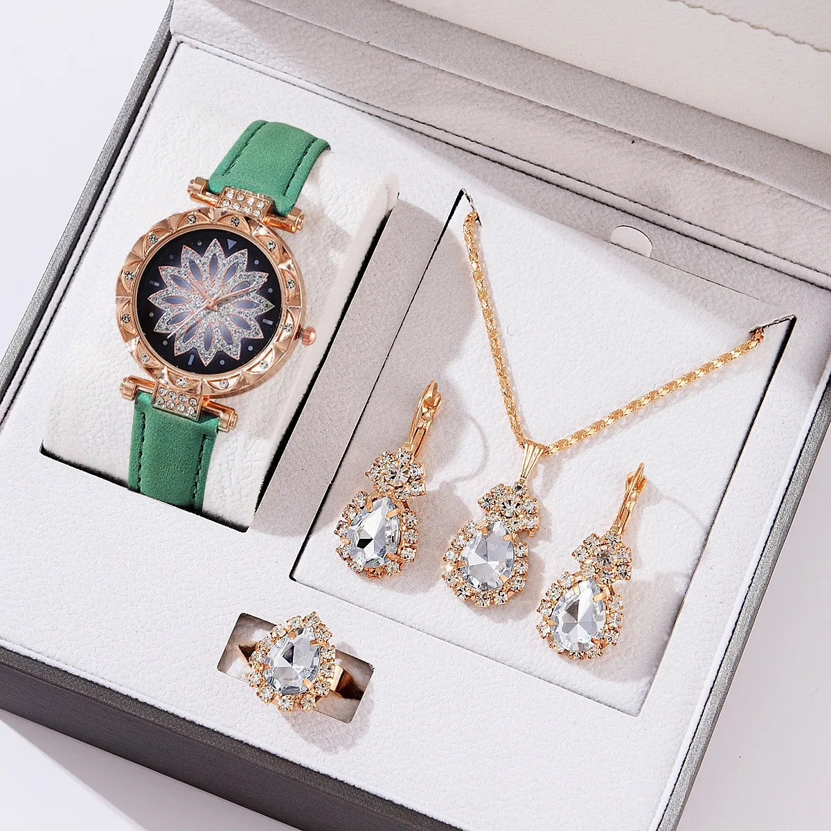 women watch set Hot Selling 4 Pcs Pu Watch Set Colorful Drop Pendants Earrings Bangle Jewelry Set For Women