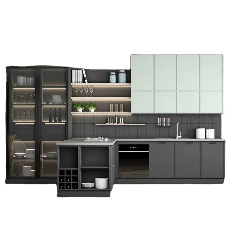 OPPEIN Dark Set Dining Room Wall Cabinet Quality Kitchen Cabinet Accessories Grey Style Custom Plastic Large Villa European Sink