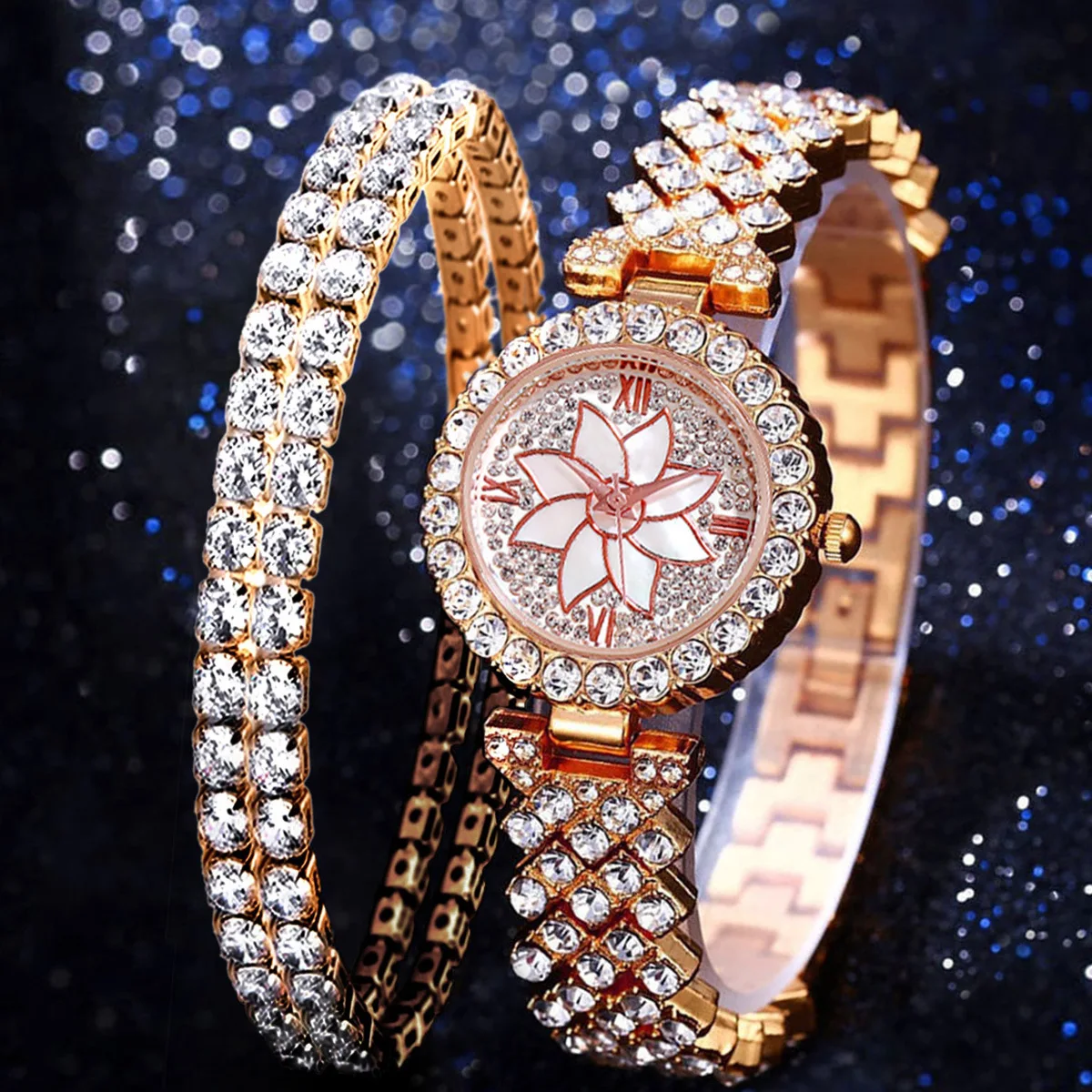 Ladies Watches with Bracelets Roman Word Fashionable Versatile Flower Plate Diamond-Encrusted Star Bracelet Watch
