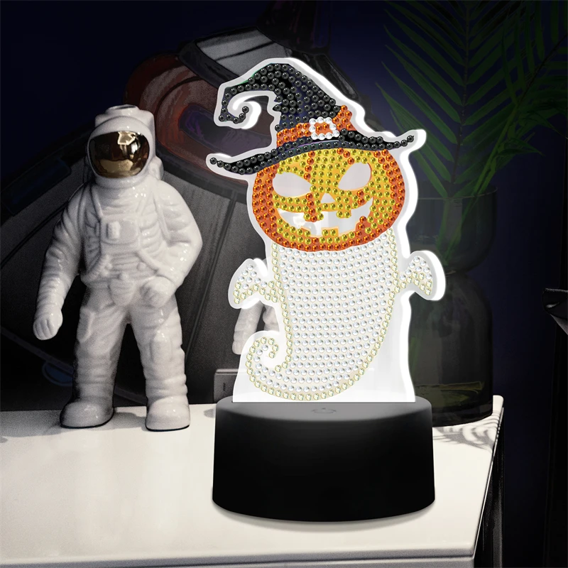 Halloween Supply Ghost Pumpkin Design Hand-Drilled Diamond Painting Lamp Desktop Decoration with Colored Lights
