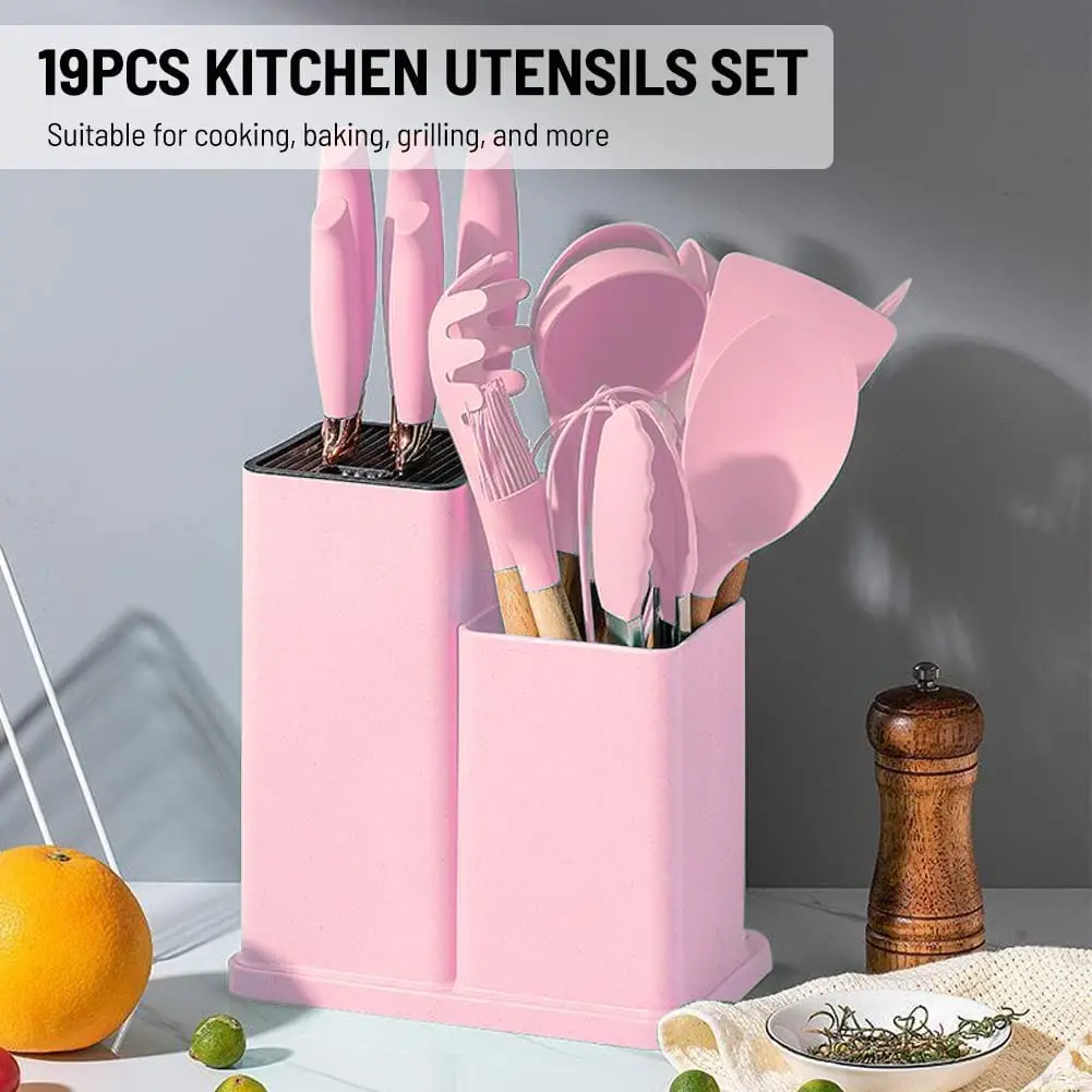 New design set of kitchen equipment accessories 19pcs pink silicone utensil kitchen knife with cutting board kitchen gadgets set