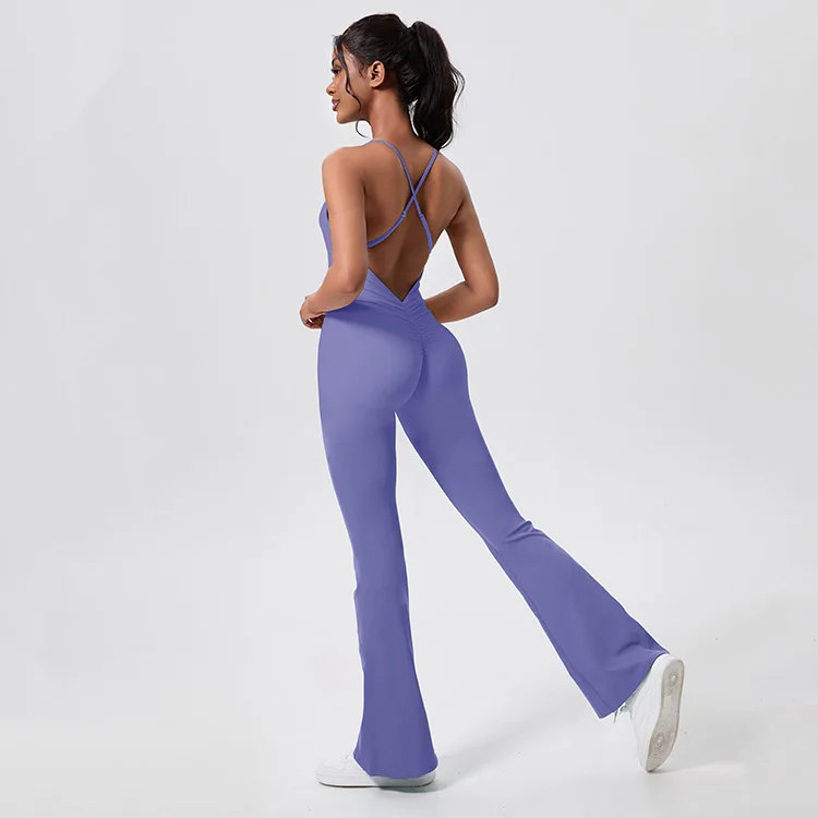 One Piece Flared Fitness Workout Bodysuit Hollow Out Sexy V Back Yoga Sets For Women Bodycon Fitness Yoga Sports Jumpsuit