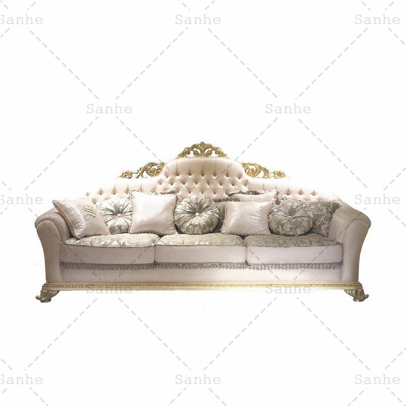 European royal furniture living room classic villa wood carving french furniture beige and golden fabric sitting room sofa set