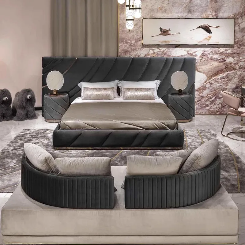 Italian light luxury frosted leather bed deluxe master bedroom queen bed, villa bedroom custom wedding bed