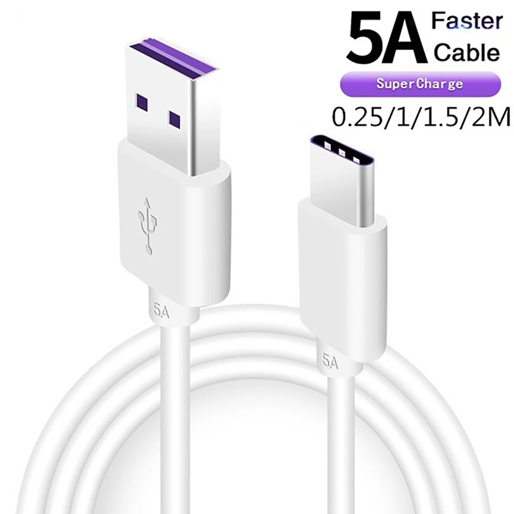 
5A USB Type C Cable Fast Charge Mobile Phone Charging Wire White Cable For Samsung S20 S9 S8 Xiaomi Huawei P30 Pro 