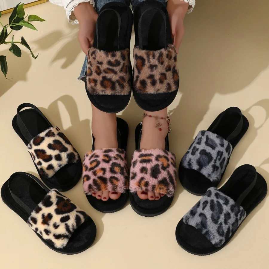 Wholesale women home slippers shoes open toe plush Leopard printed pattern slippers for ladies girls