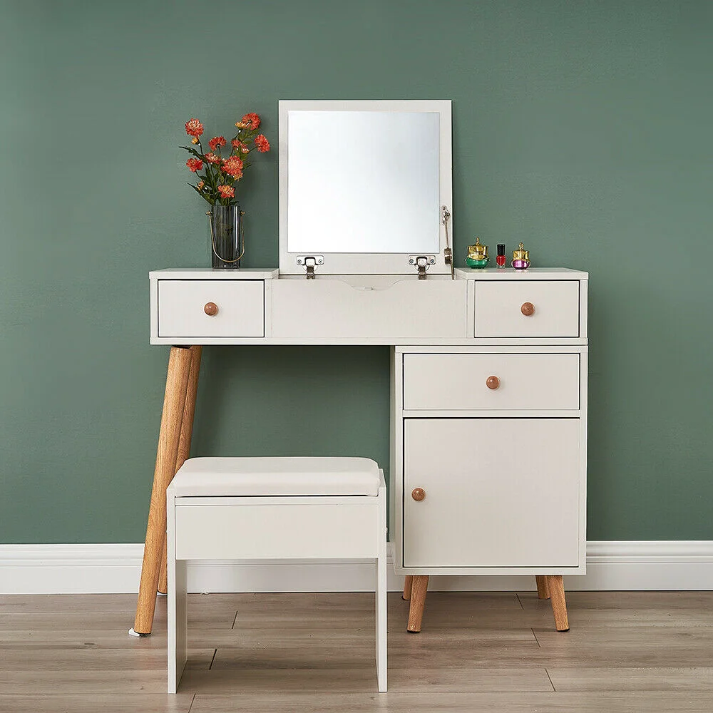 Dressing Table  Makeup Speaker Vanity Table with LED Mirror and Drawers