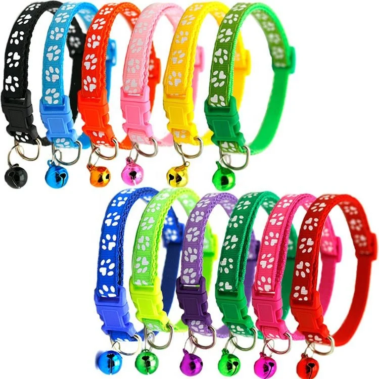 Amazon Hot selling Multi color Paw Print Adjustable Nylon webbing Pet Cat Collar Small Dog Collars With Bell