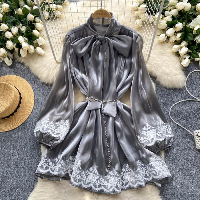 LY1220  New 2025 Korean Chic Solid Color Elegant  long sleeve lace Edge Chiffon Satin Dress Women Long Sleeve Dresses Clothing 1