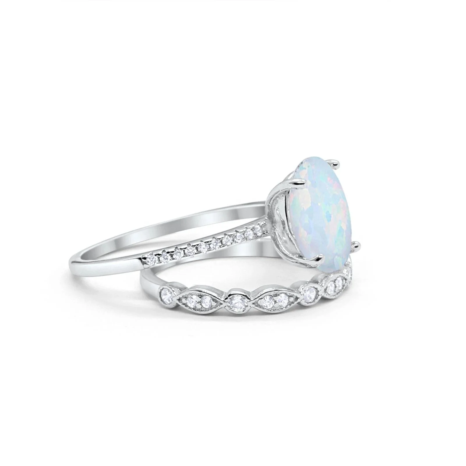 Romantic Birthstone Jewelry 925 Sterling Silver White Opal Engagement Bridal Rings Set
