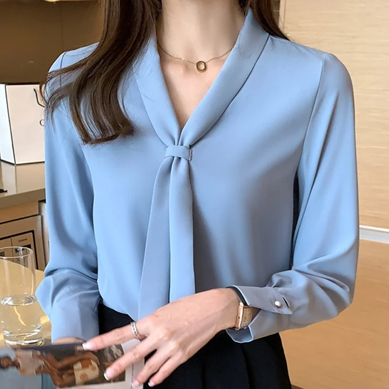 Long Sleeve Chiffon Blouse Shirt Women Blusas Mujer De Moda 2024 Bow V-Neck Office Lady Tops Women Blouses 8306#