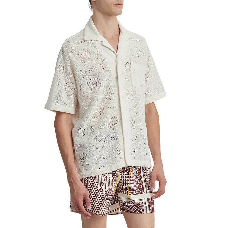 Lace Short Sleeves Crochet Shirts for Men Customized Logo Jacquard Pattern Button up Casual OEM Summer Lace Fabric Tops