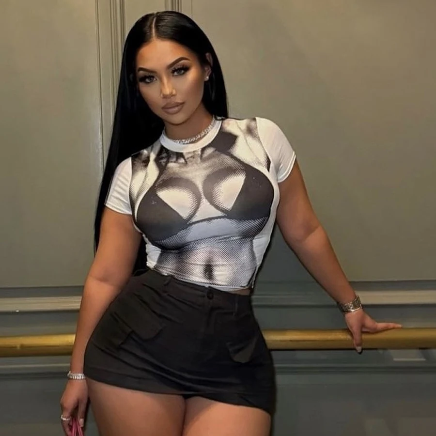 Kliou K23L40065 Y2k Clothing 3D Print Short Sleeve Tees Tight Fitting T Shirt Women Crop Top